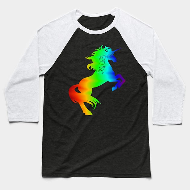 Rainbow-colored rising unicorn Baseball T-Shirt by FancyTeeDesigns